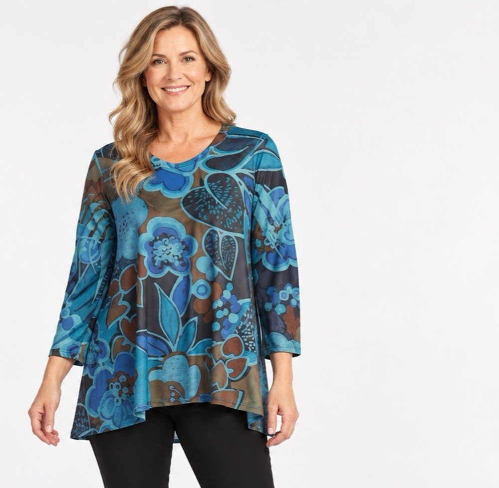 Jess & Jane Lullaby Tunic XL Dark Blue Floral Slinky Knit V Neck High Low A Line
